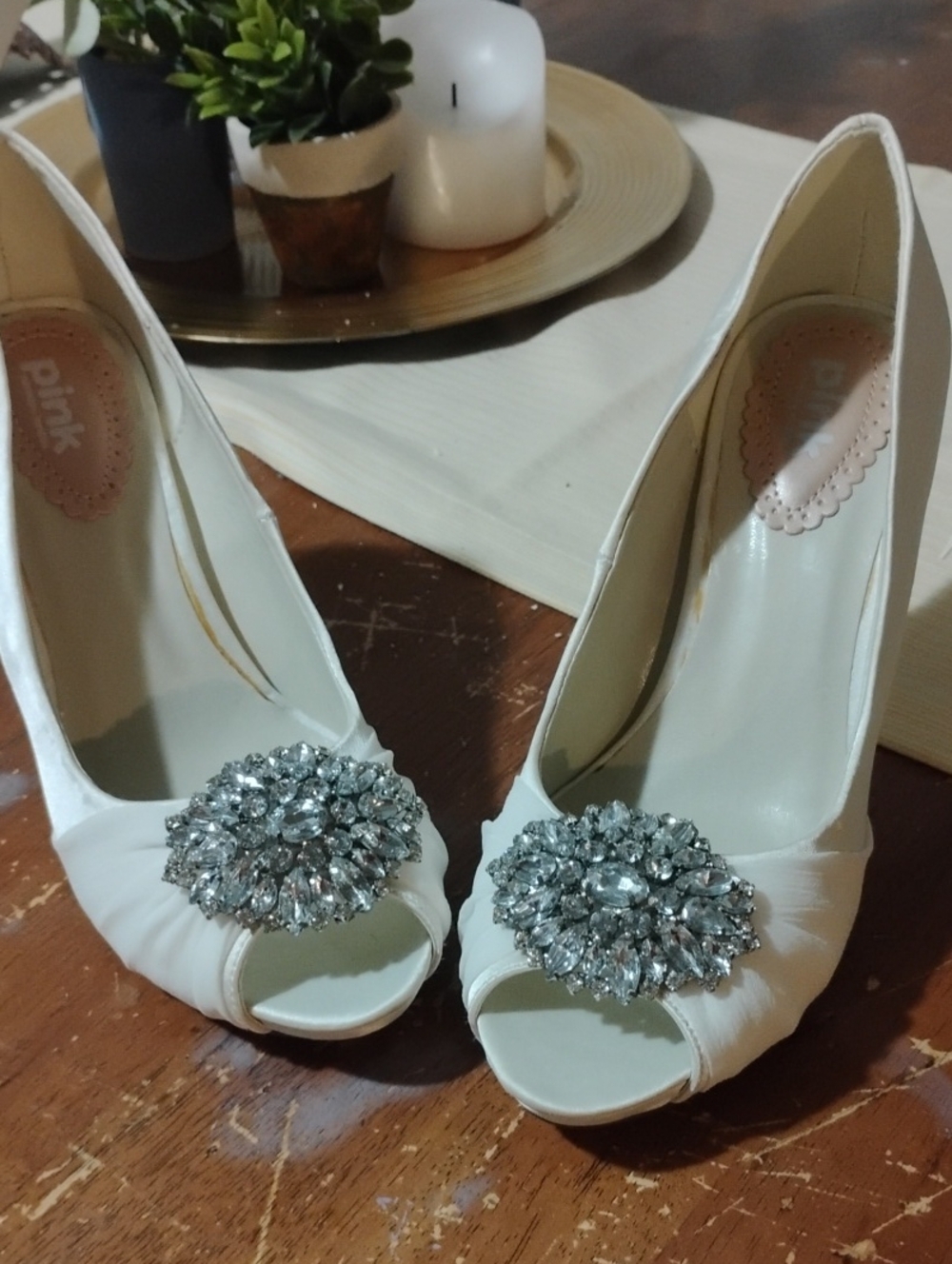 pink paradox London Ivory Peep-Toe Heels with Crystal Brooch